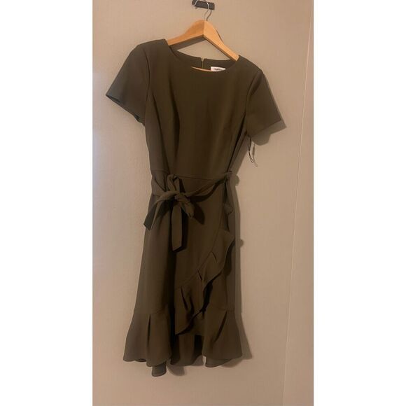 Calvin Klein Women's 6 Ruffle Hem Wrap Dress Solid Olive Green Flounce Cocktial - Picture 5 of 12
